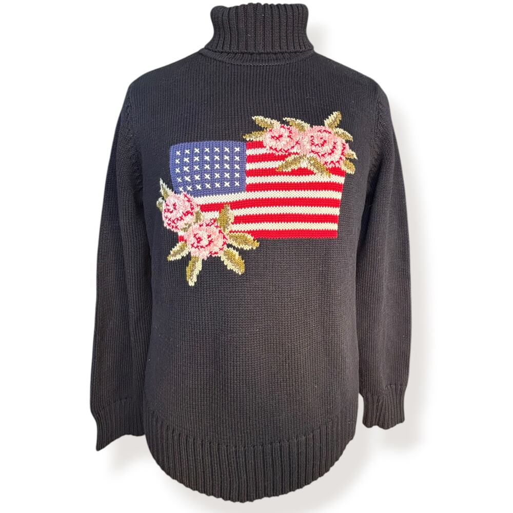 Vintage 90s Casual Corner Navy Turtleneck Sweater American Flag Floral Knit XL